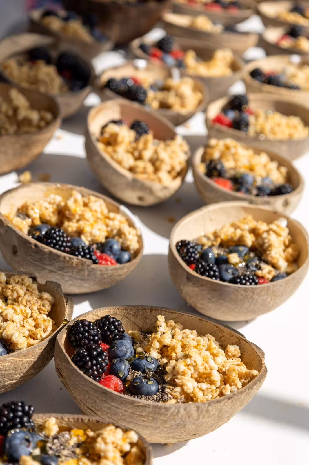 Rows of coconut shell bowls topped with granola and fresh berries prepared for Lagos cave and cliffs boat brunch tour