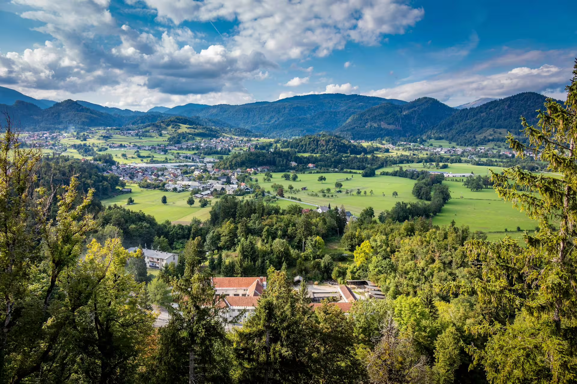 Panoramic view from Bled Castle over Lake Bled valley and Julian Alps on a summer guided tour