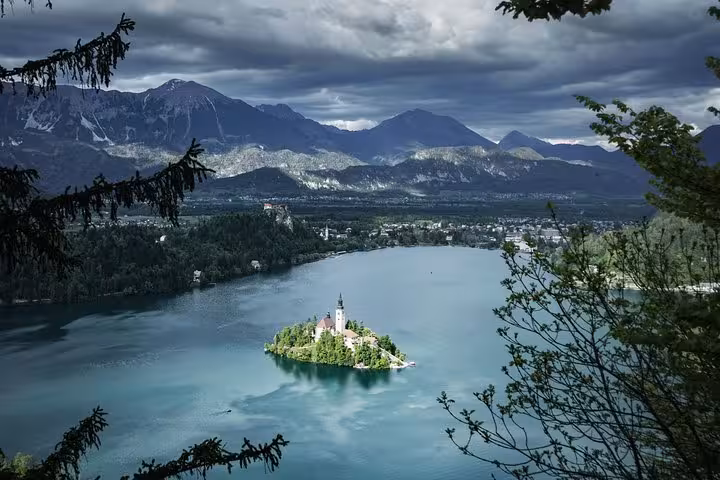 Panoramic Lake Bled with island church and Julian Alps, featured on the Best of Slovenia day trip