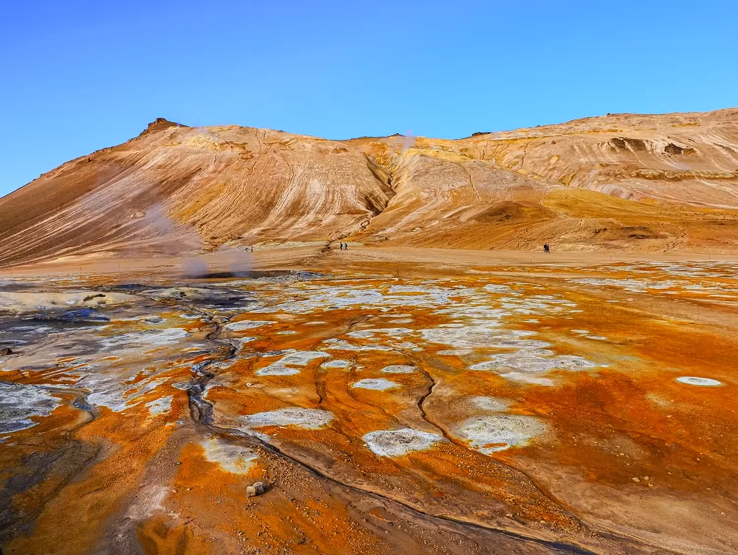 Colorful geothermal hot springs and sulfur deposits at Lake Myvatn with steaming vents and volcanic hills, Iceland