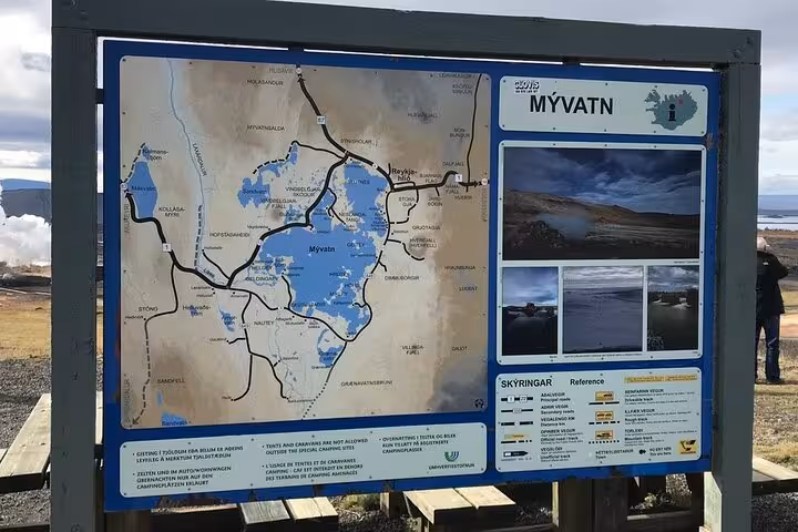 Map of Lake Myvatn area with detailed routes, highlighting key attractions for visitors from Akureyri Port tours.