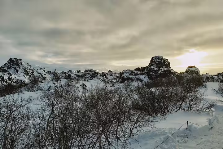 Snow-covered lava rock formations at Lake Myvatn in winter with bare shrubs and cloudy sky