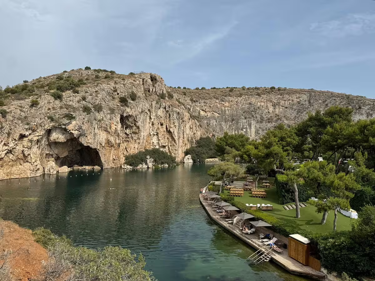 Lake Vouliagmeni lagoon on the Athens Riviera, scenic stop on a private Cape Sounio day tour