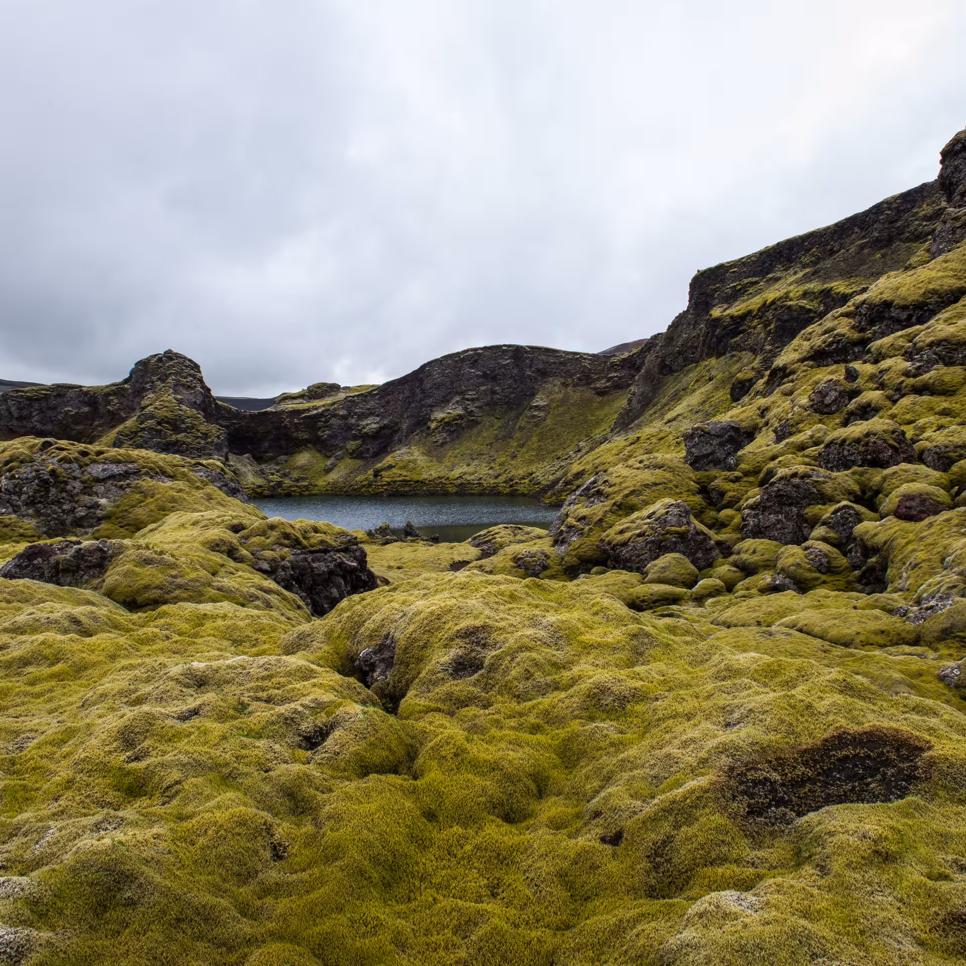 Moss-covered volcanic crater with a dark lake nestled among rugged lava rocks on a private Laki Craters super jeep tour from Vik