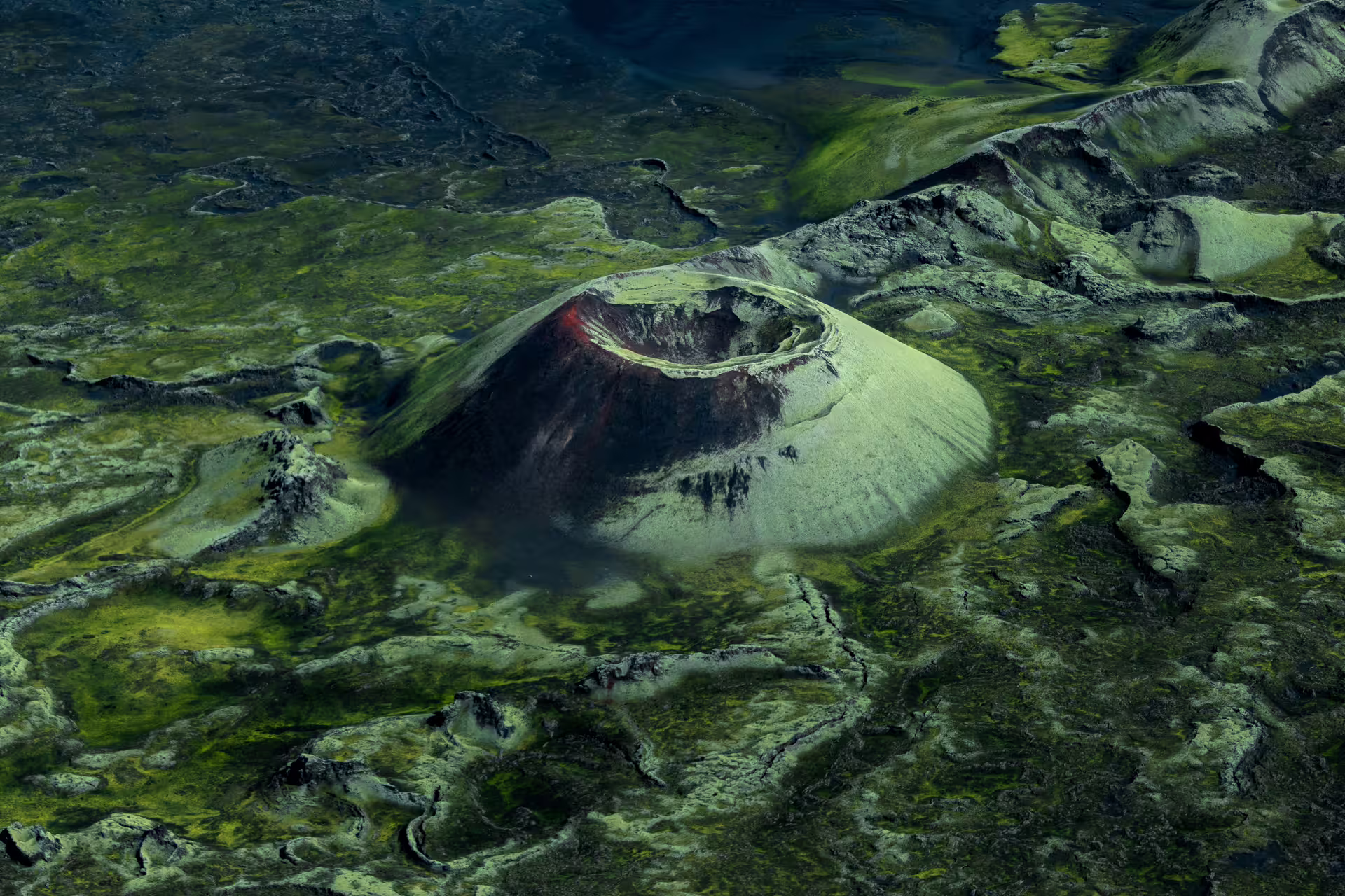 Aerial view of a volcanic crater cone surrounded by green moss-covered lava fields in Iceland
