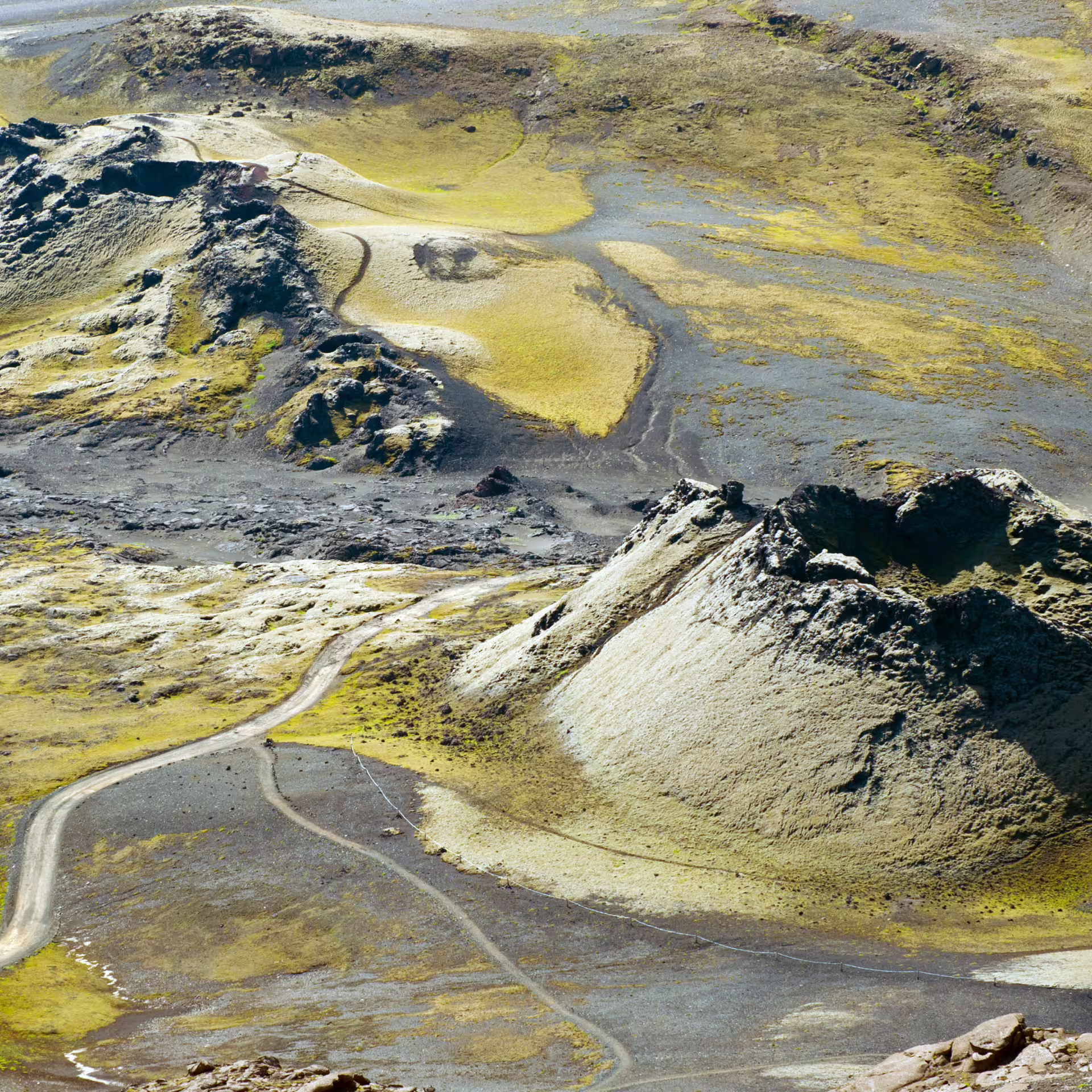 Aerial view of Laki Craters volcanic landscape with winding super jeep trail from Vik Iceland