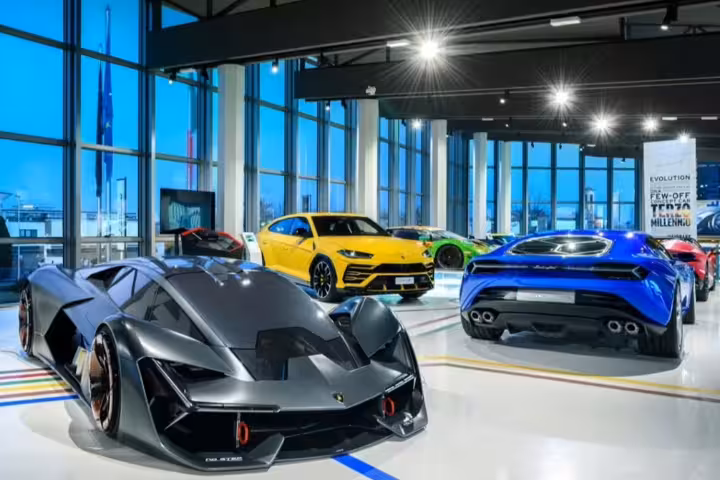 Experience cutting-edge Lamborghini models in a sleek showroom at Bologna's Lamborghini Museum tour.
