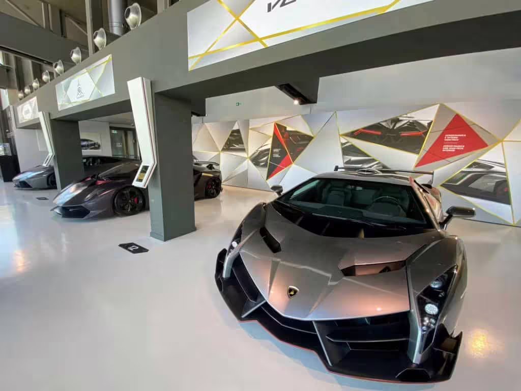 Lamborghini Museum entrance ticket Bologna, supercar exhibition hall with modern concept cars on display