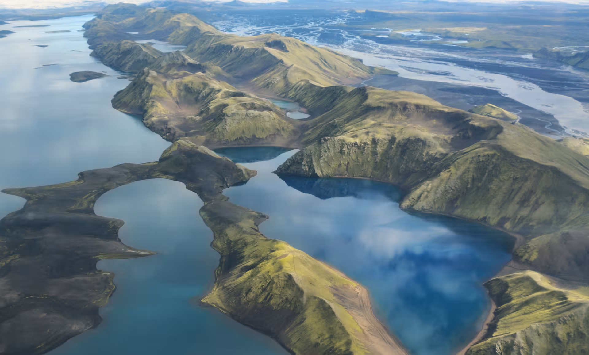 Aerial view of Landmannalaugar volcanic lakes and green mountains in Iceland's highlands