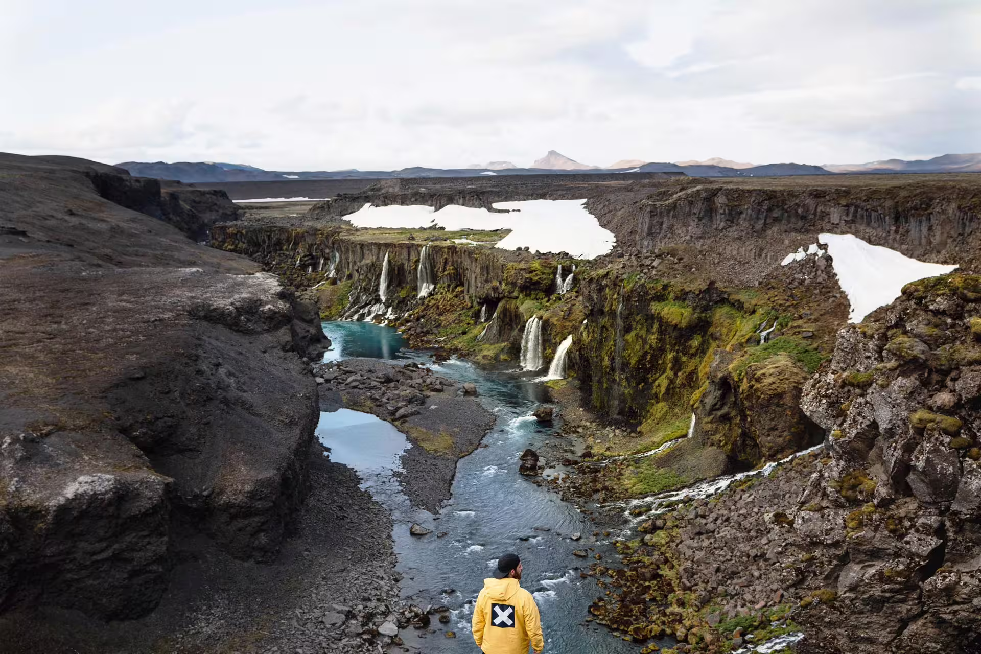 Hiker in yellow jacket overlooking Sigöldugljúfur canyon with waterfalls and turquoise river in Landmannalaugar, Iceland