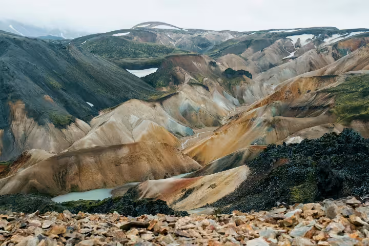 Colorful rhyolite mountains and turquoise lakes at Landmannalaugar Iceland highlands