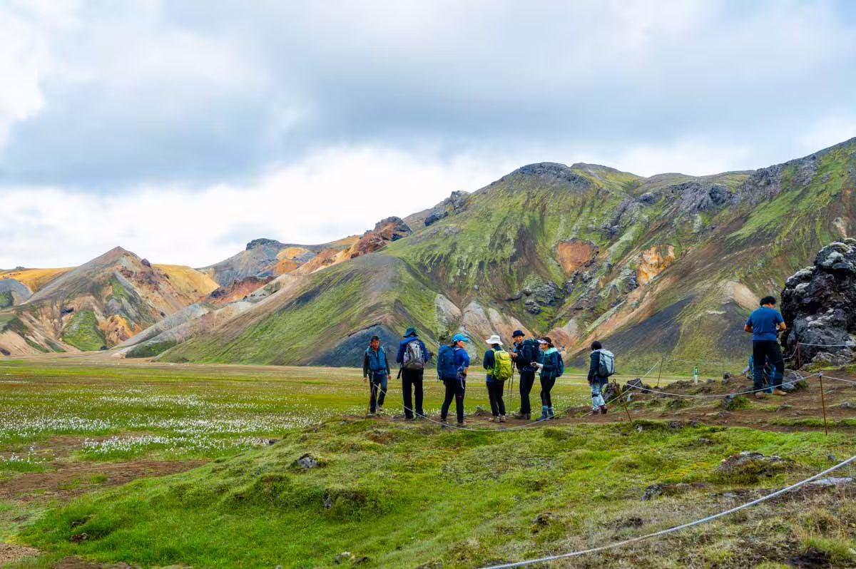 Hikers with backpacks gathered at Landmannalaugar with colorful rhyolite mountains in background, Iceland