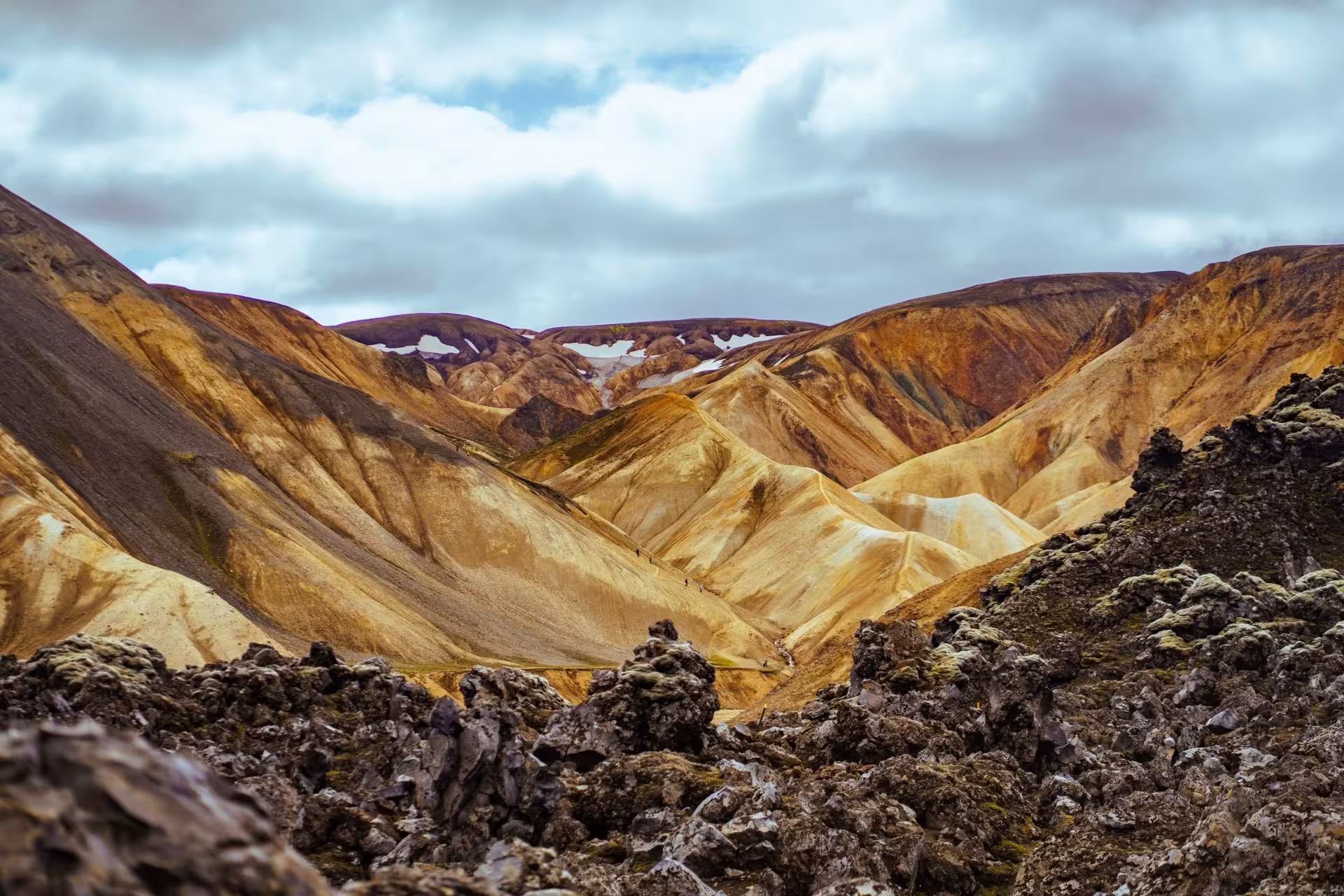 Colorful rhyolite mountains and lava fields at Landmannalaugar highlands, Iceland