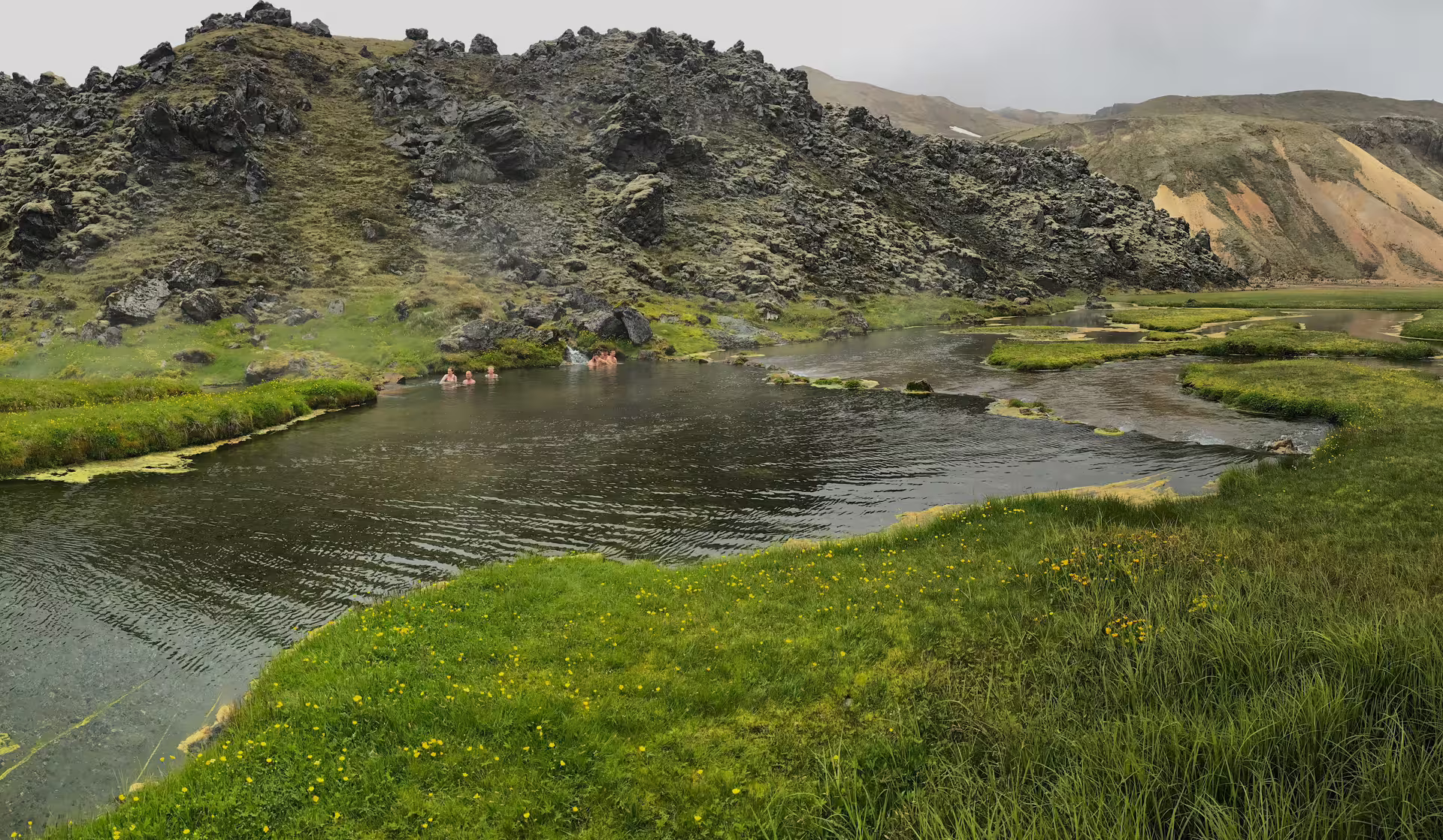 Bathers soaking in Landmannalaugar geothermal hot spring pool surrounded by lush green grass and lava fields
