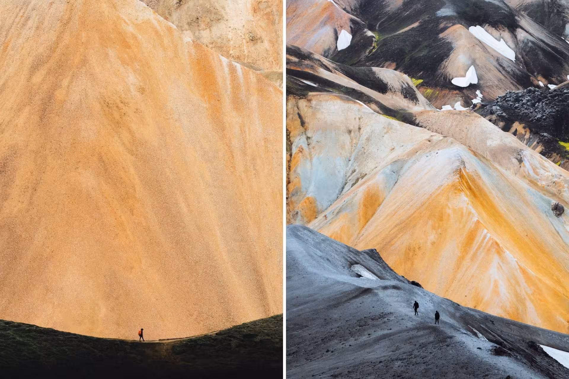 Hikers dwarfed by colorful rhyolite mountains in Landmannalaugar highlands, Iceland