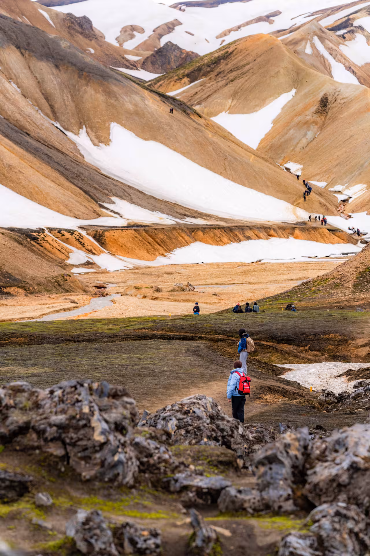 Hikers walking through Landmannalaugar highlands with colorful rhyolite mountains and snow patches in Iceland