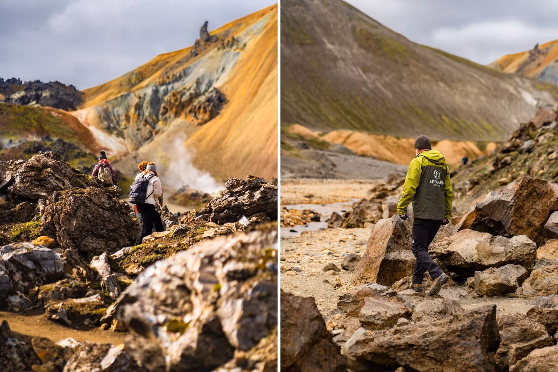 Hikers navigating colorful rhyolite mountains and lava rocks at Landmannalaugar Iceland Highlands