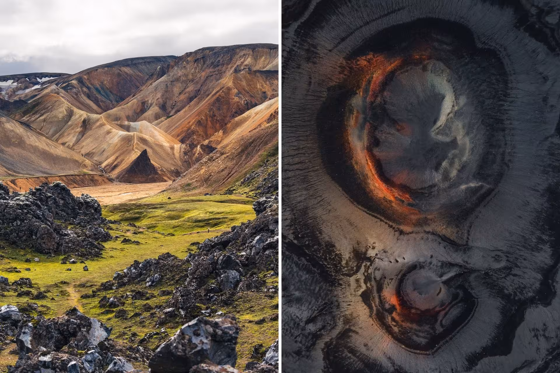 Colorful rhyolite mountains and lava fields at Landmannalaugar highlands alongside aerial view of volcanic crater