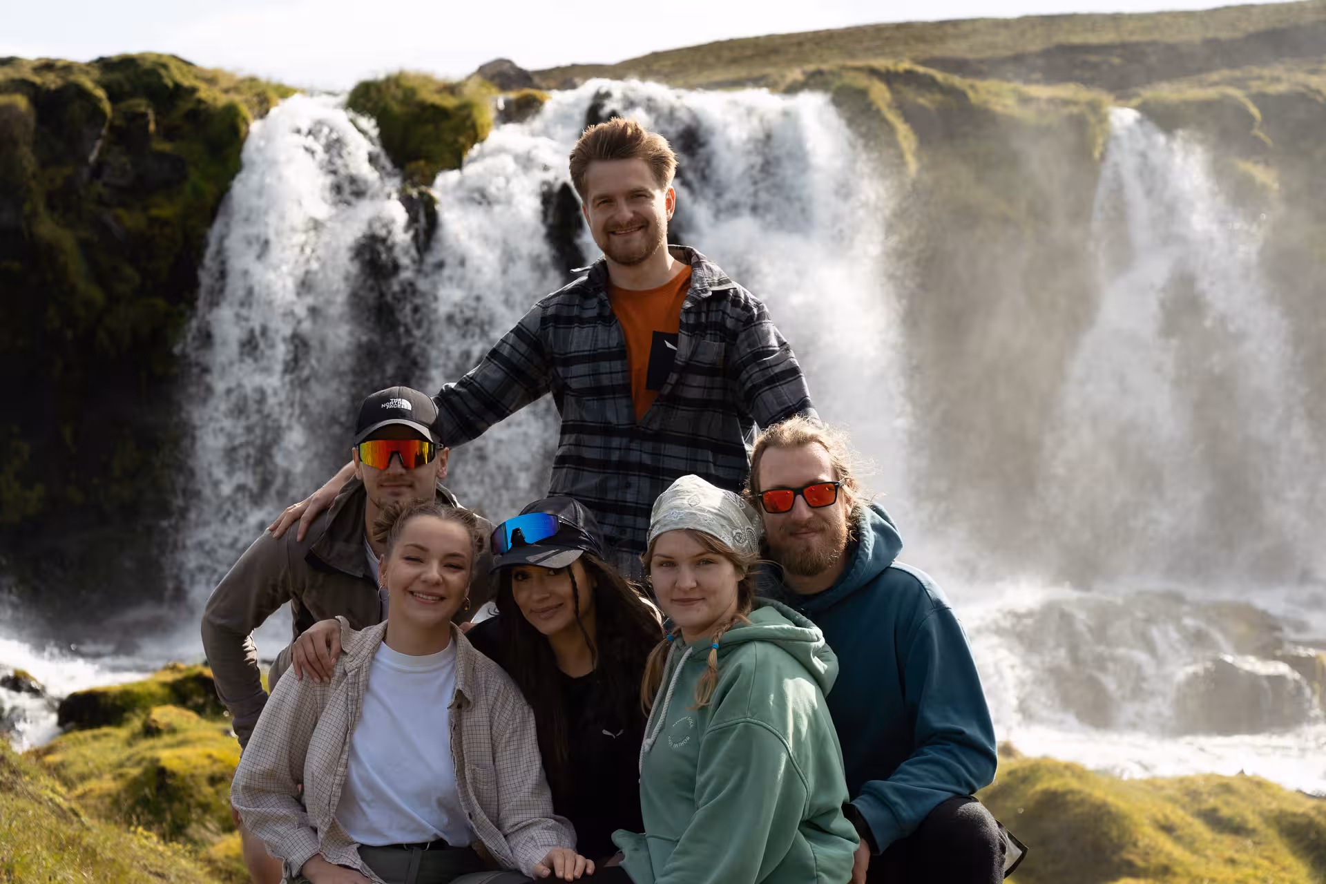 Small group tour photo at a roaring Iceland Highlands waterfall, Landmannalaugar adventure and 4x4 day trip