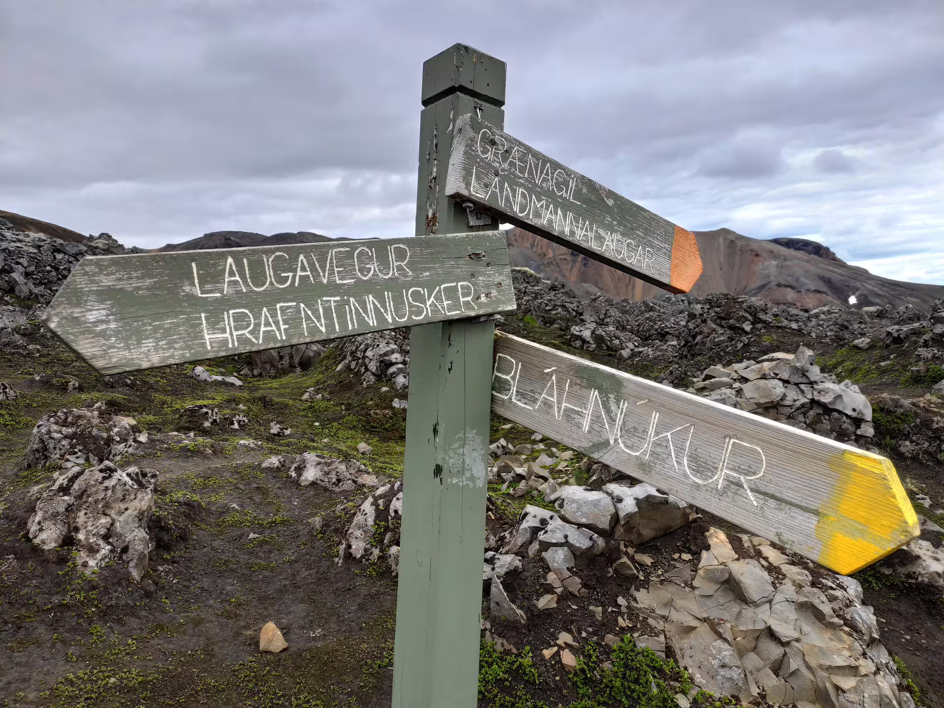 Wooden trail signpost at Landmannalaugar showing directions to Laugavegur, Bláhnúkur, and Grænagil hiking trails