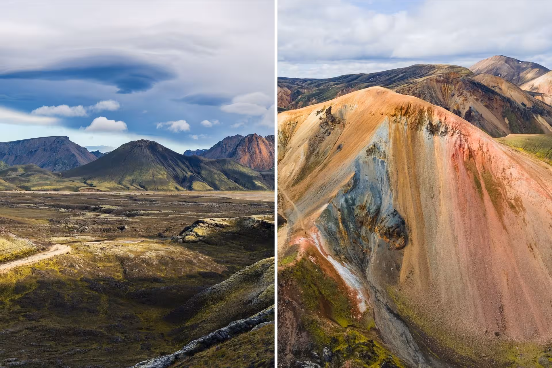 Colorful rhyolite mountains and mossy lava fields of Landmannalaugar Iceland Highlands under dramatic sky