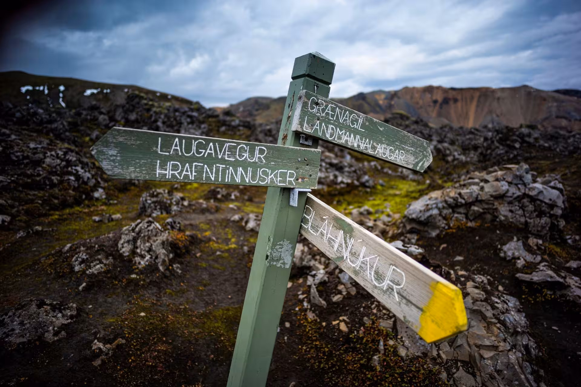 Wooden trail signs pointing to Landmannalaugar, Laugavegur, and Bláhnúkur in Iceland's volcanic highlands