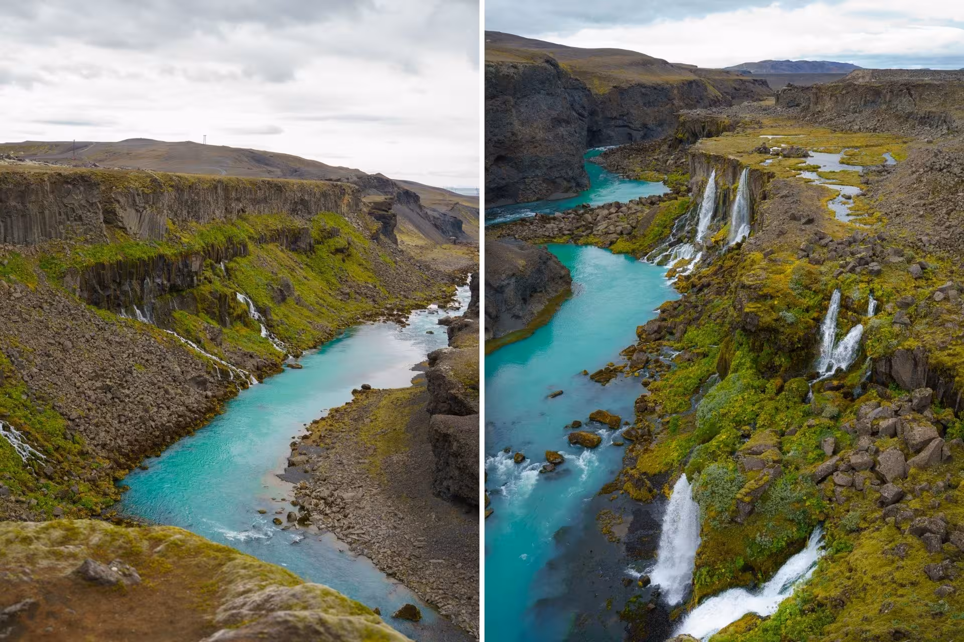 Turquoise glacial river winding through a dramatic Icelandic highland canyon with cascading waterfalls