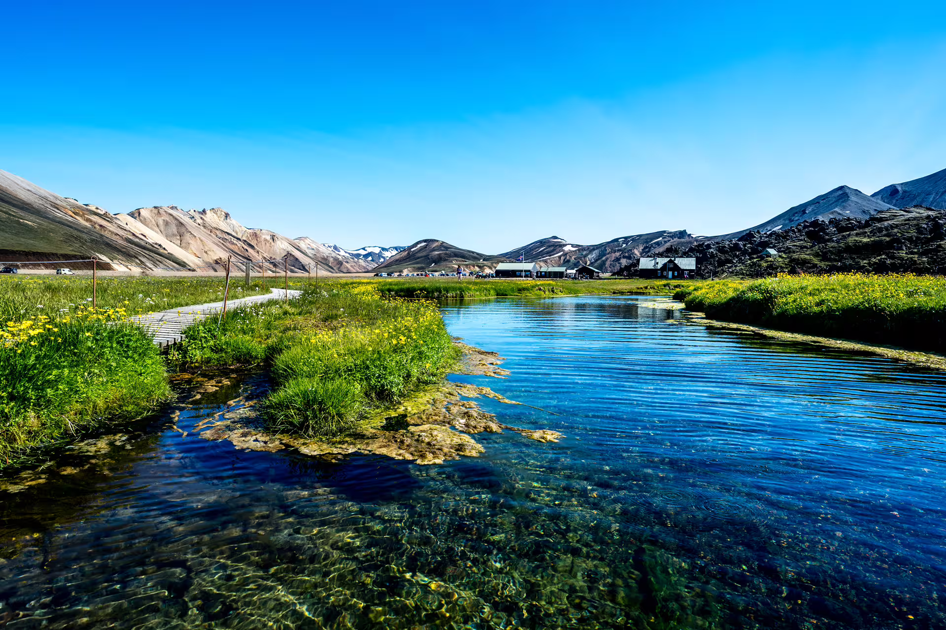 Crystal clear river with green meadows and colorful rhyolite mountains at Landmannalaugar Iceland
