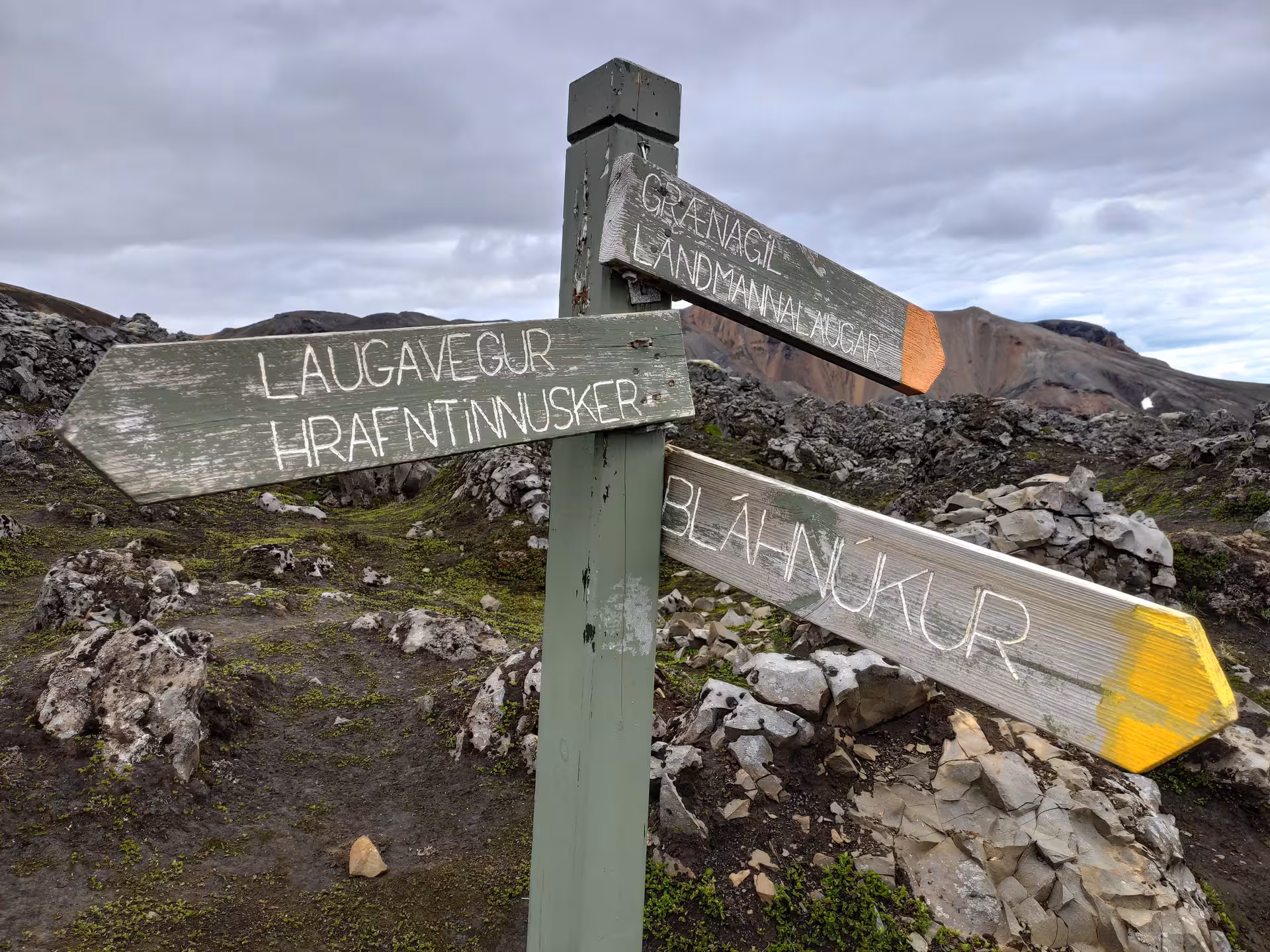 Wooden trail signpost at Landmannalaugar showing directions to Laugavegur, Bláhnúkur, and Grænagil trails