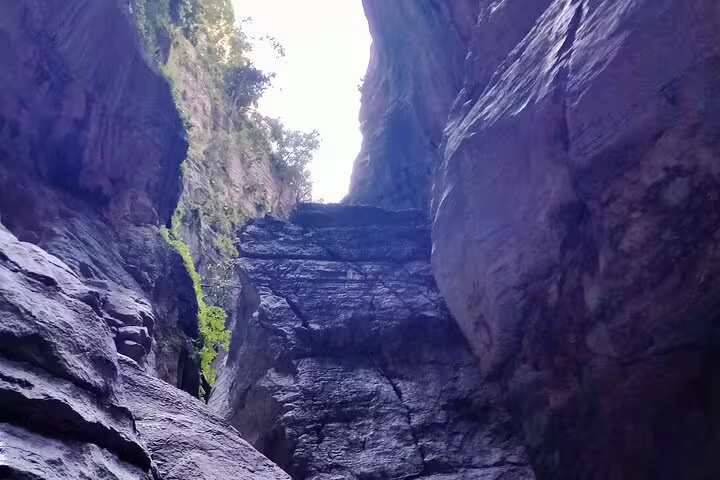 Dramatic narrow gorge with towering dark rock walls on a guided canyon tour at Las Buitreras Málaga Spain