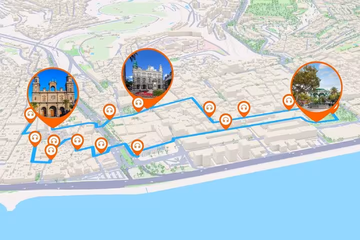 3D map of Las Palmas walking tour route with audio guide pins marking cathedral, theater, and park stops