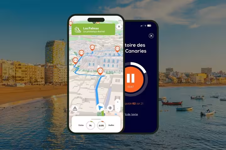 Two smartphones showing Las Palmas self-guided walking tour app with GPS map and audio guide interface