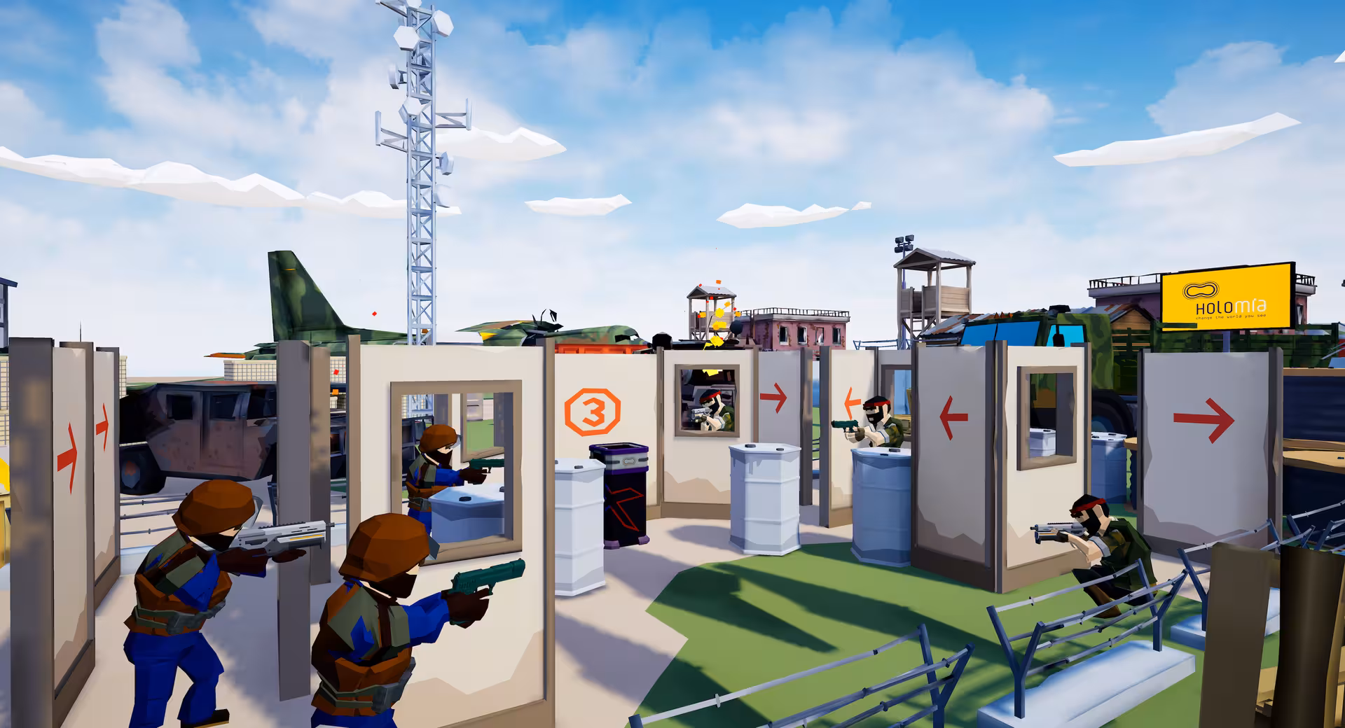Laser Game VR 18 arena with tactical cover, players aiming blasters in an outdoor combat-style map