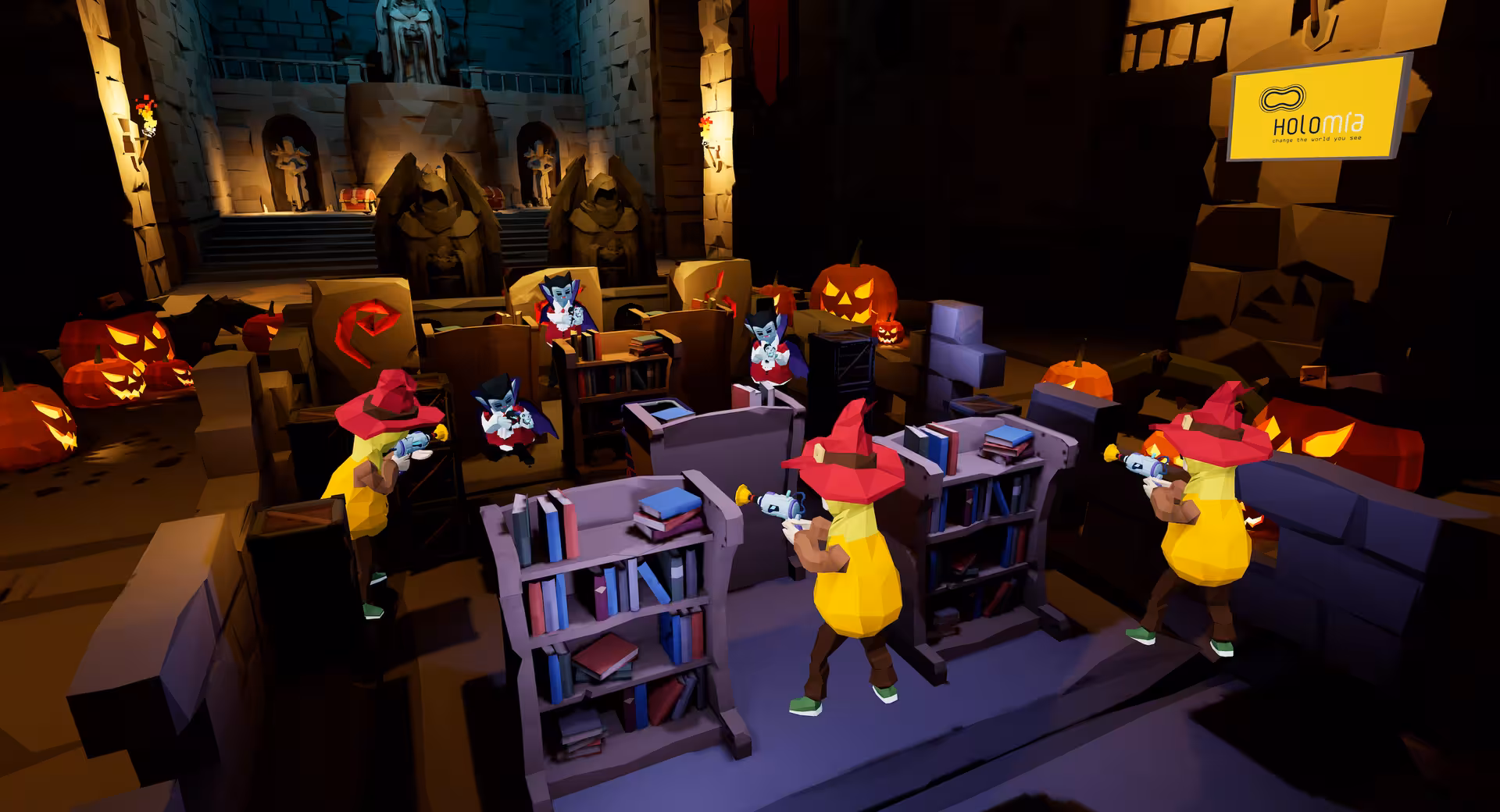 Laser Game VR 18 Halloween mission scene with witches and vampires, immersive VR laser shooter in spooky castle