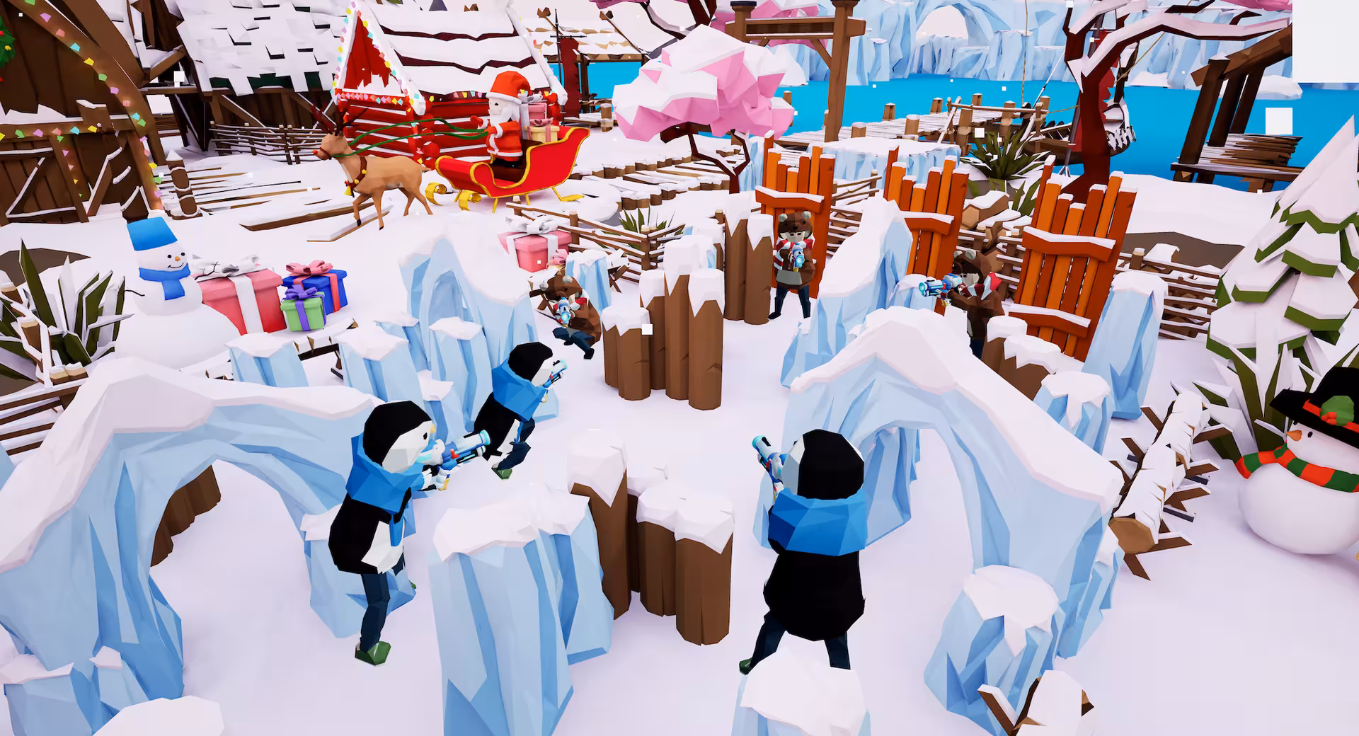 Laser Game VR 18 winter map with teams battling among ice walls, Santa sleigh and gifts in a festive VR arena