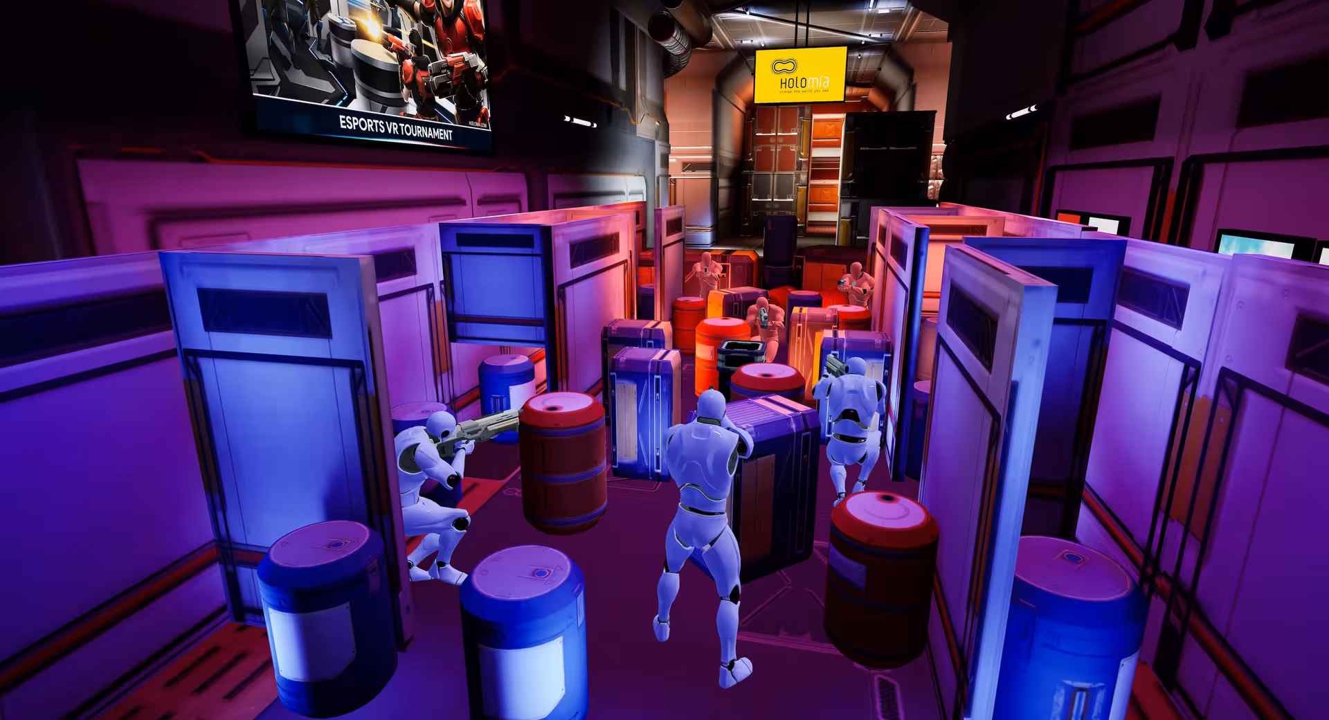 Futuristic arena battle in Laser Game VR 25 with team cover play, neon lighting and VR laser blasters