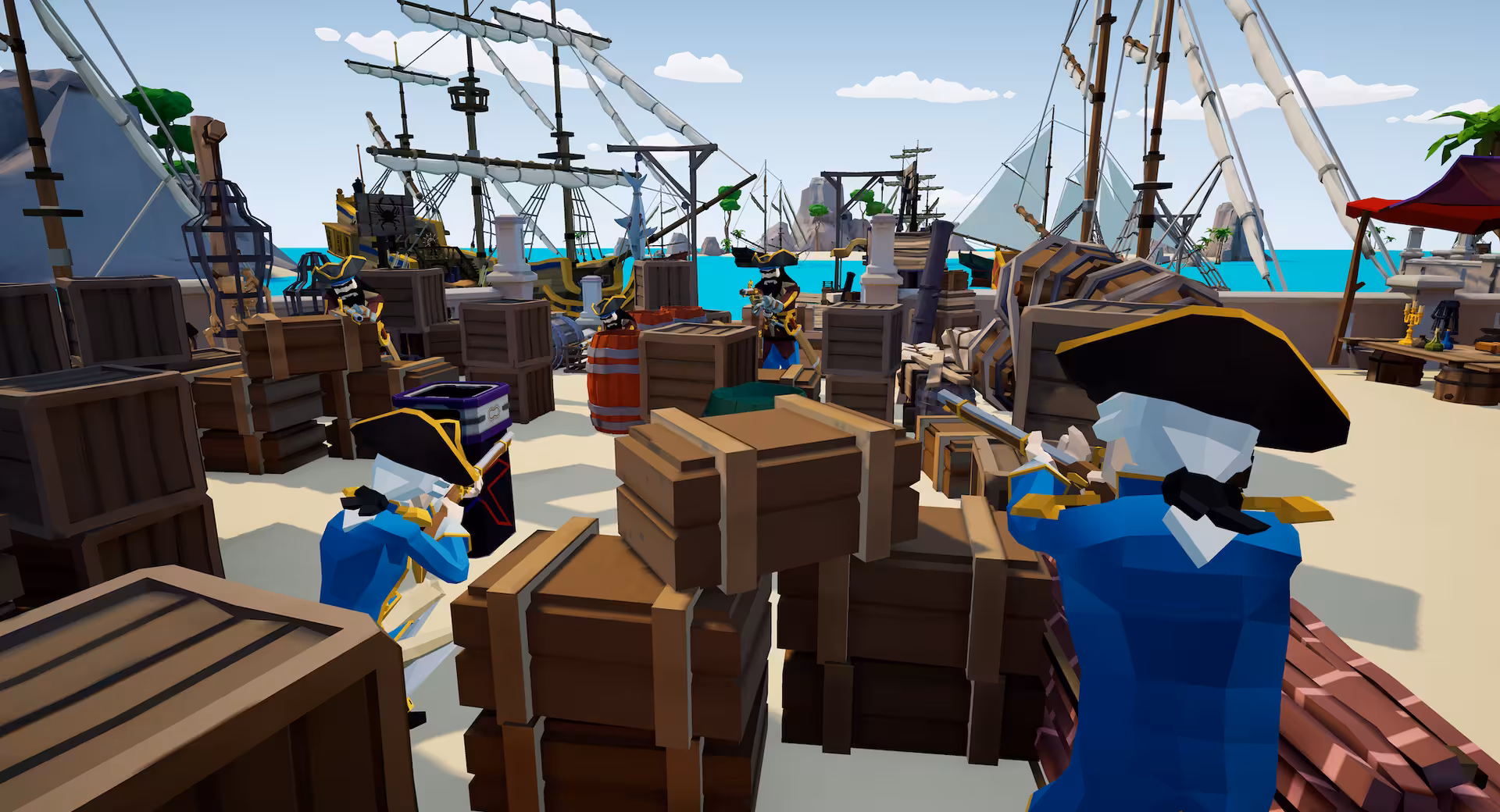 Pirate-themed VR shooter scene from Laser Game VR 25 with players behind crates on a sunny harbor dock