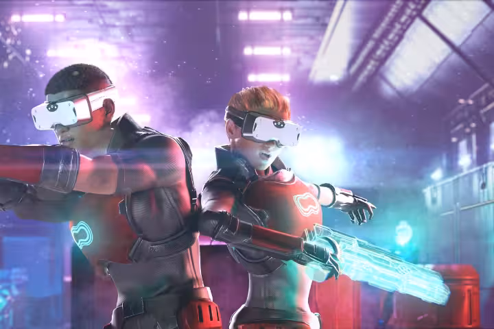 Two players in VR headsets battle with laser blasters in a futuristic arena on Laser Game VR 25 experience