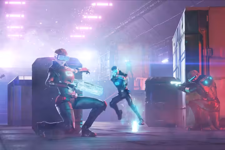 Laser Game VR 35 action scene with players in VR headsets battling in a neon-lit arena with laser blasters