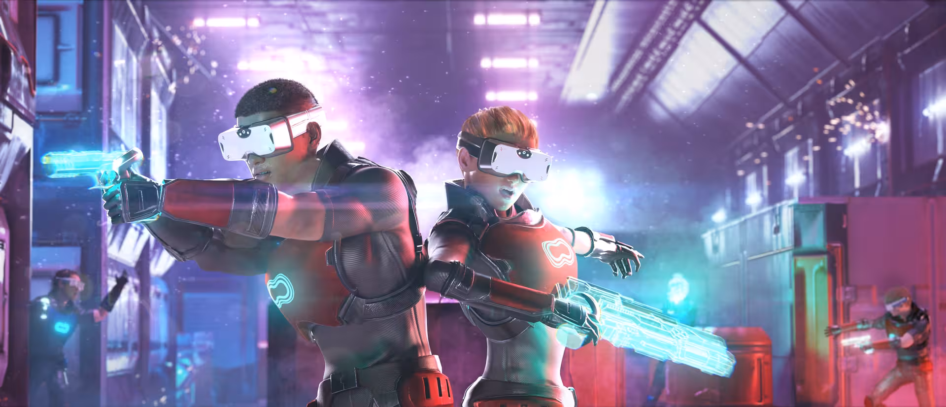 Futuristic Laser Game VR 35 battle scene with two players in VR headsets aiming glowing laser blasters