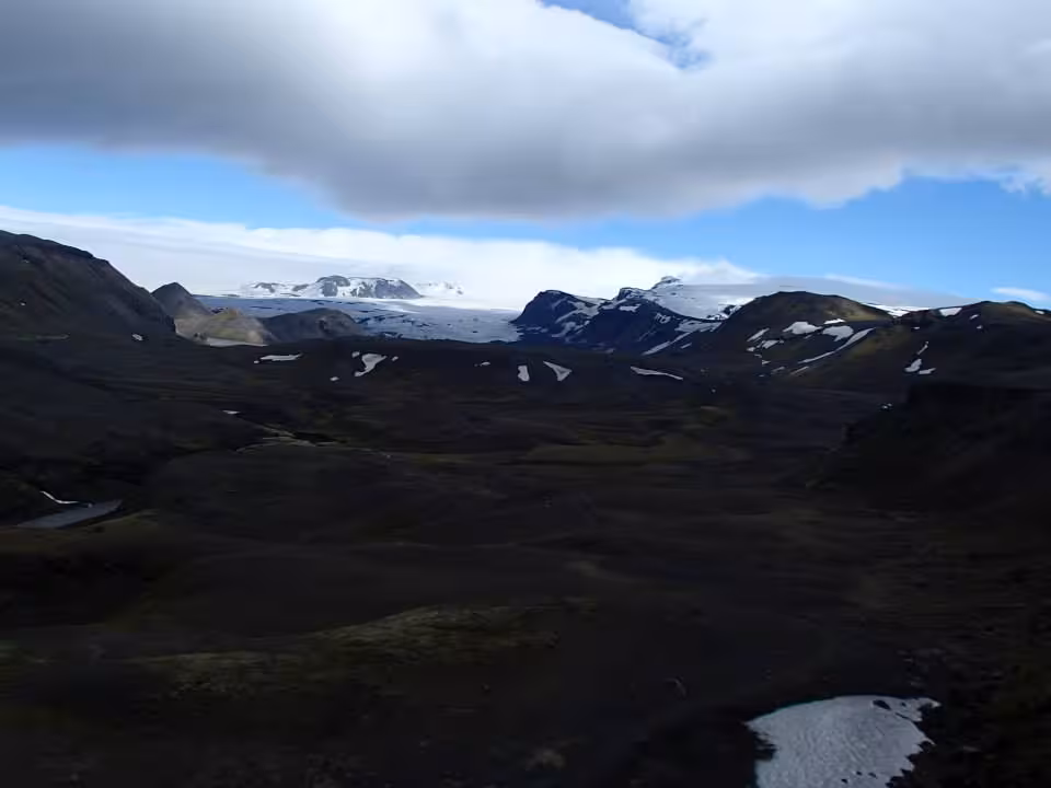 Vast volcanic highland valley with snow-capped mountains and glacier views on Laugavegur trail, Iceland