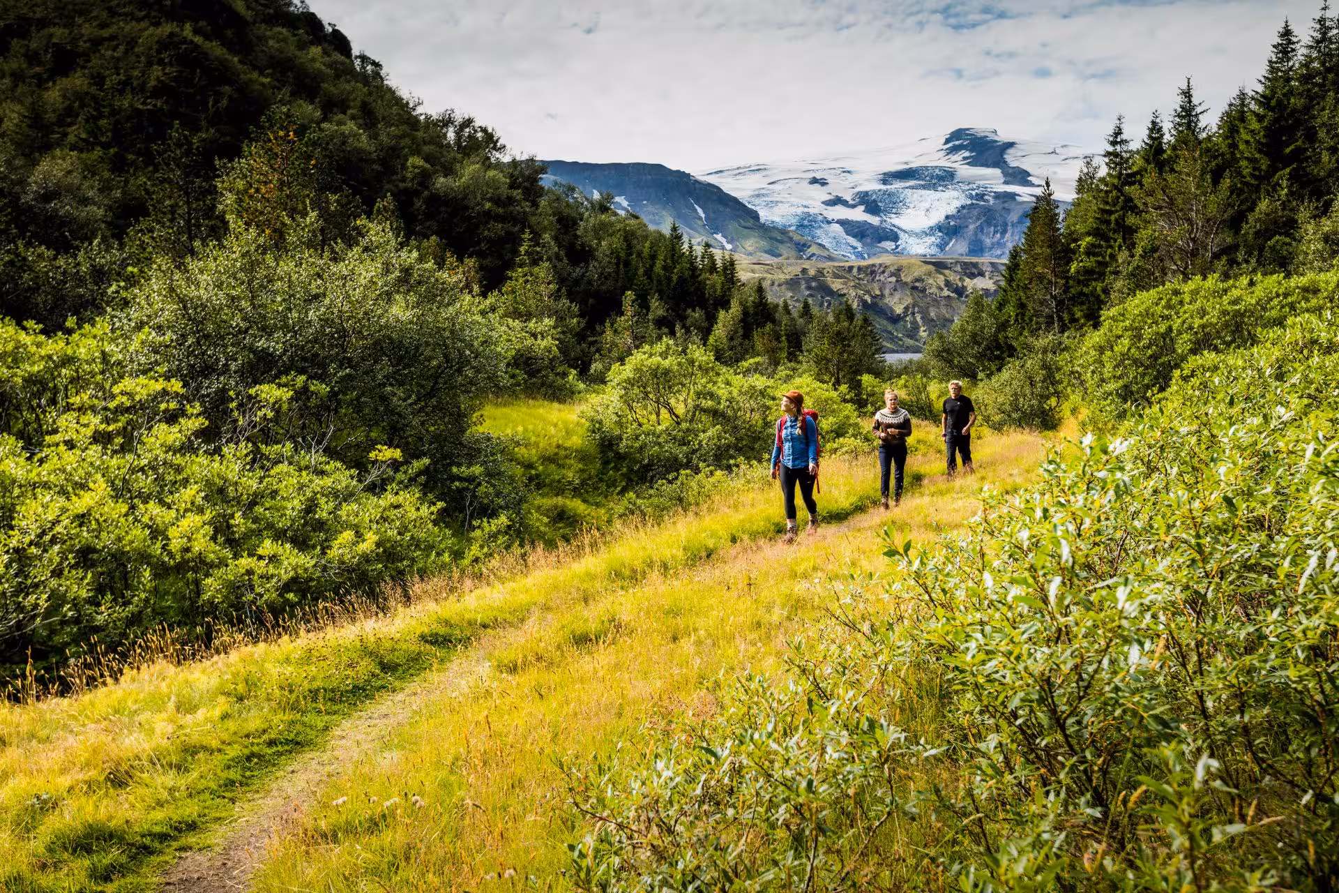 Three hikers on a lush green trail with glacier and mountains in background, Iceland summer