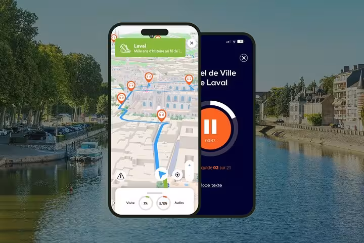 Laval self-guided walking tour app showing GPS map with audio guide and city route on smartphone screens