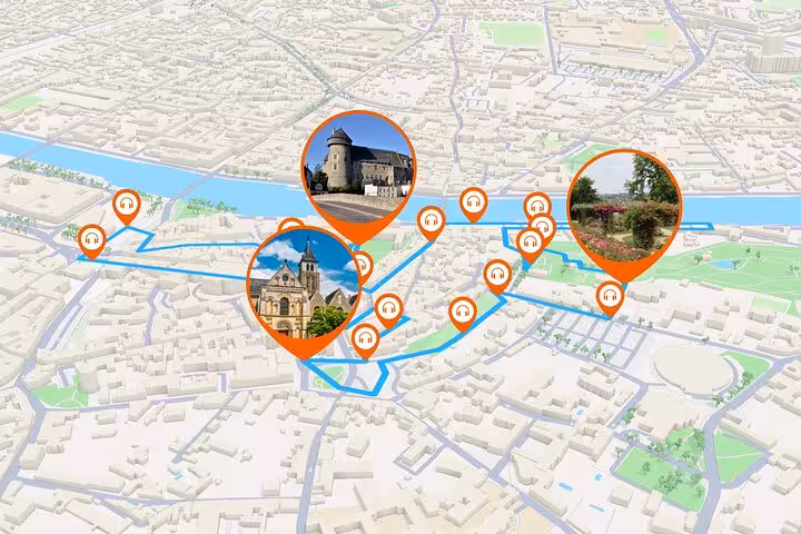 3D map of Laval walking tour route with GPS pins showing castle, cathedral, and garden landmarks