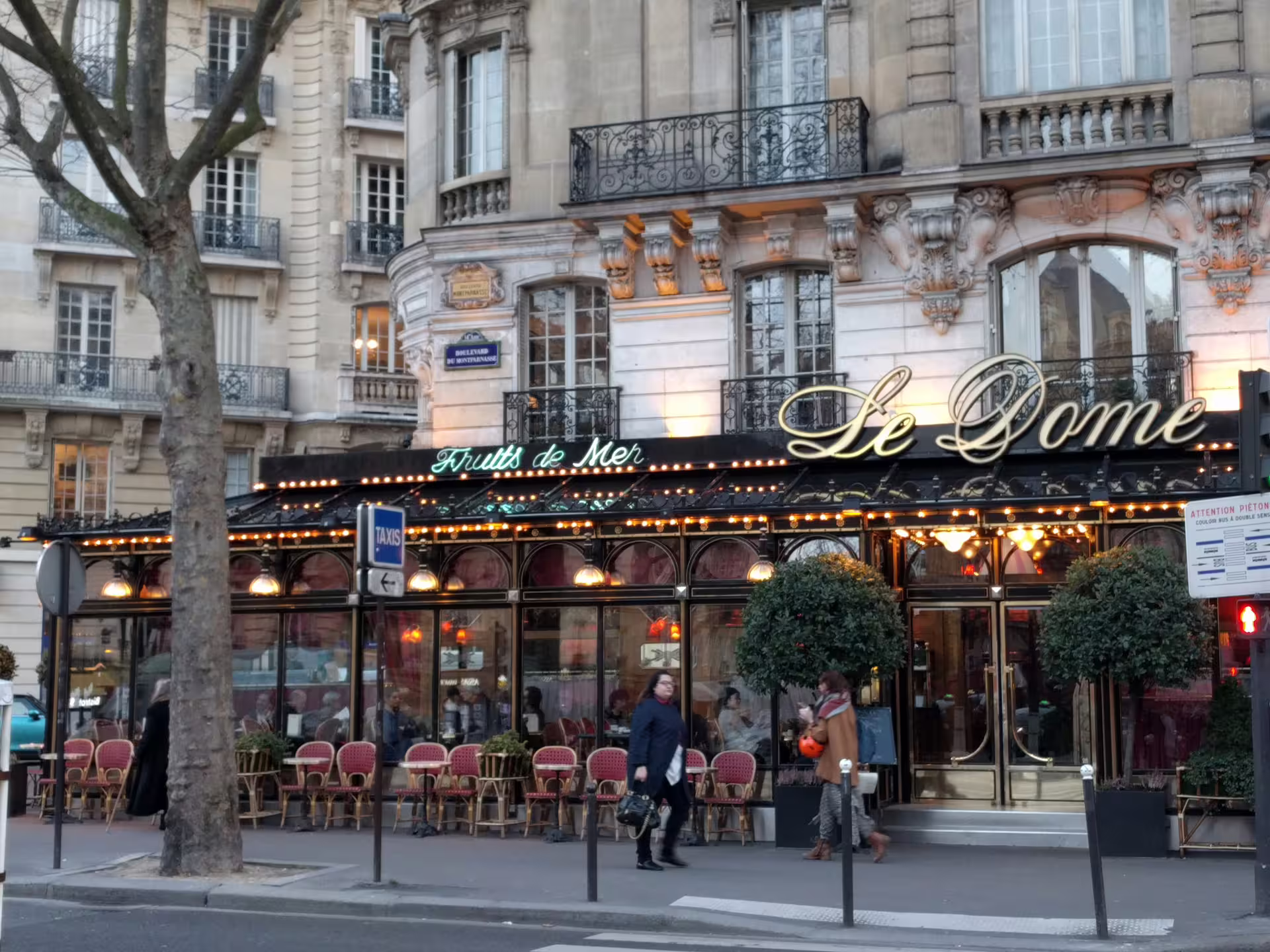 Le Dome brasserie on Boulevard du Montparnasse, Paris, a historic literary cafe frequented by Hemingway
