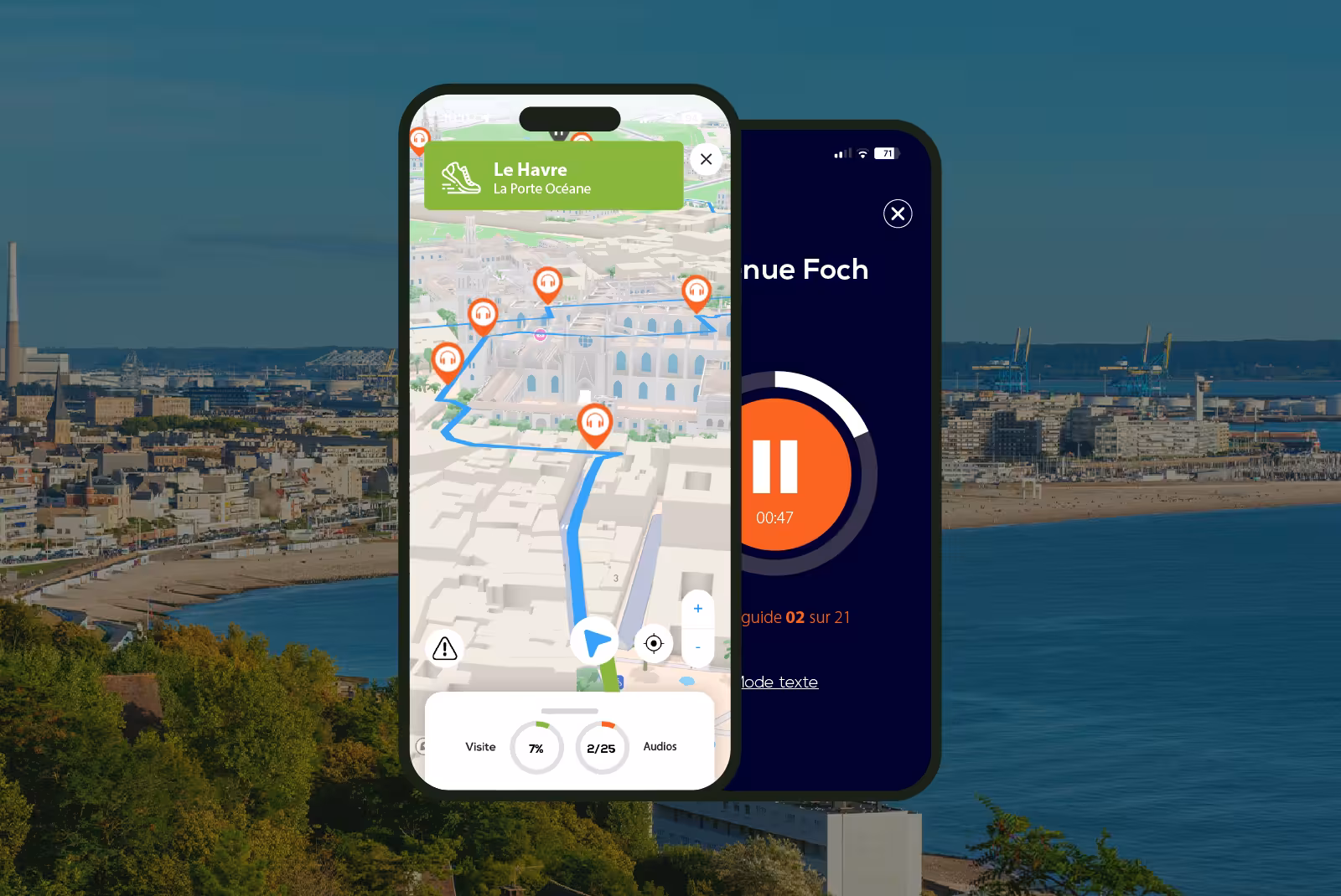 Le Havre audioguide mobile application interface on smartphone with the sea in the background.