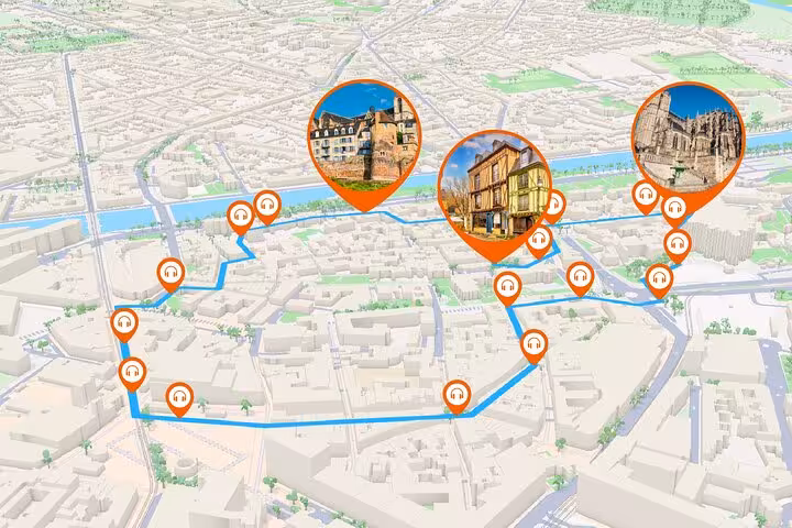 3D map of Le Mans walking tour route with orange GPS pins marking historic landmarks and audio guide stops