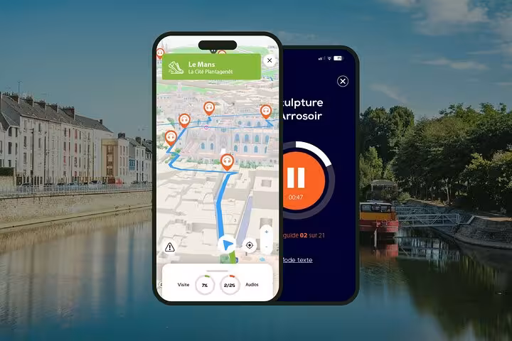 Le Mans self-guided walking tour app showing GPS map with audio guide and route markers