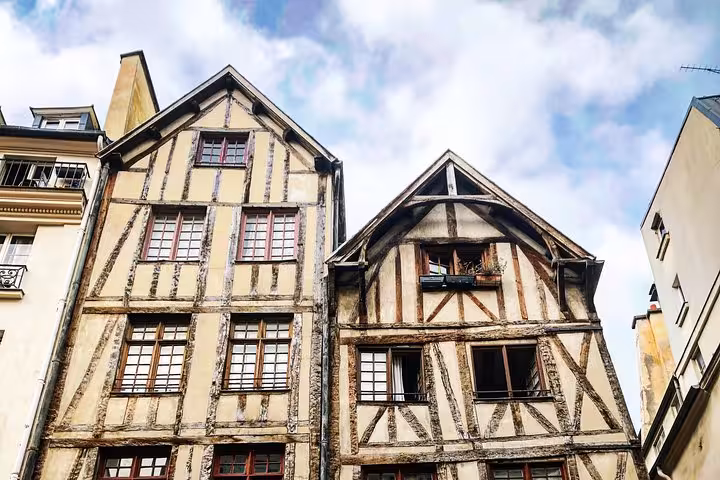 Historic half-timbered medieval buildings in Le Marais district, Paris