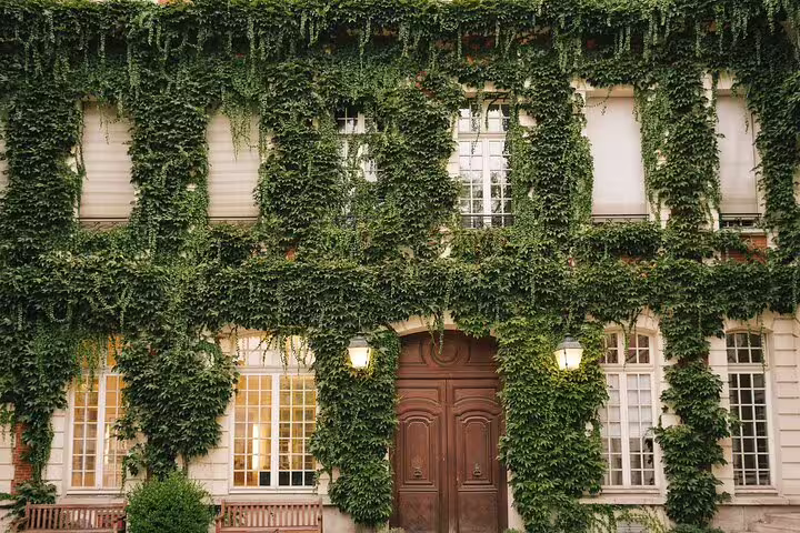 Ivy-covered historic building with ornate wooden door and lanterns in Le Marais, Paris